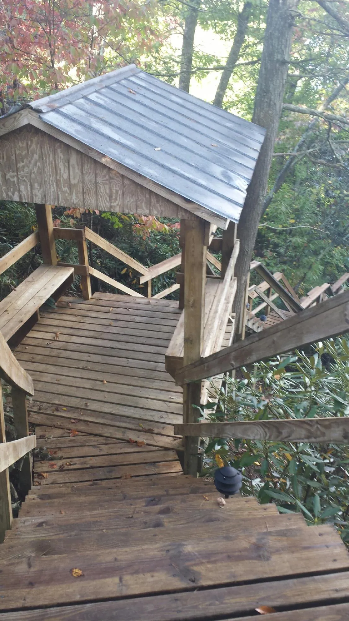 Metal roofed shelter over wooden steps on a wooded walkway — Skylight Repair & Installation work by our crew in Dunlap